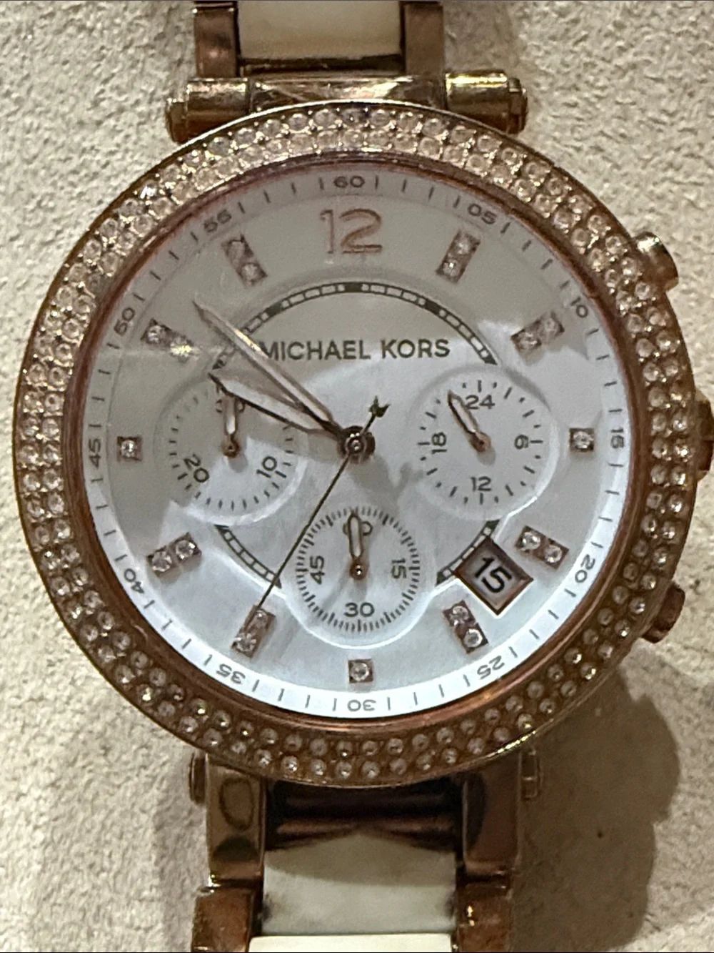 Michael Kors Rose Gold and Cream Crystal-Trim Chronograph Watch!